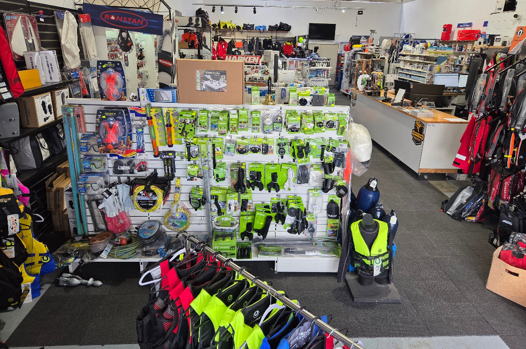 boating central Store interior with safety gear displays and products on shelves.