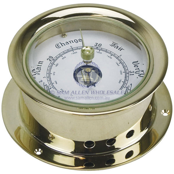 Barometer polished brass 135mm diam white face 180mm diam base