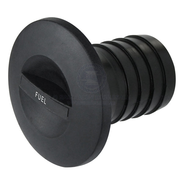 Deck filler black nylon straight suit 2 ID hose marked fuel