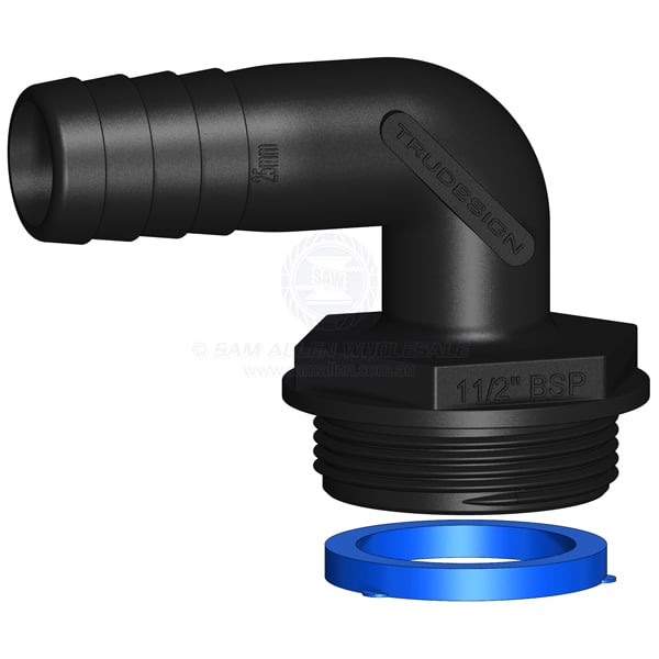 Hose tail Trudesign black Aquavalve 90° elbow 1-1/2 BSPM x 1 | Sam Allen