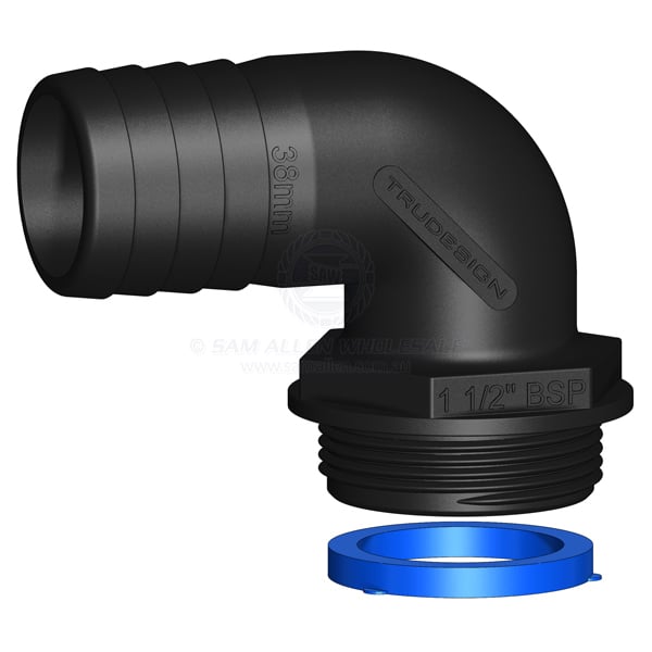 Hose tail Trudesign black Aquavalve 90° elbow 1-1/2 BSPM x 1-1/2 | Sam Allen