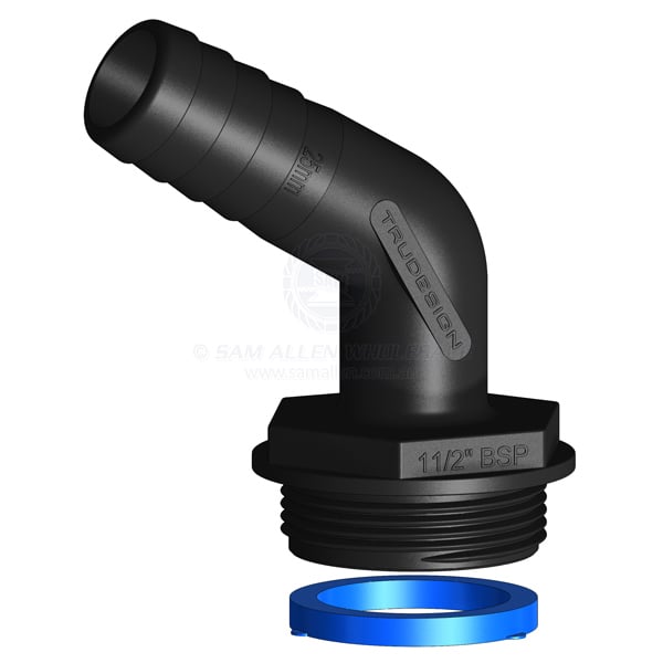 Hose tail Trudesign black Aquavalve 120° elbow 1-1/2 BSPM x 1 | Sam Allen