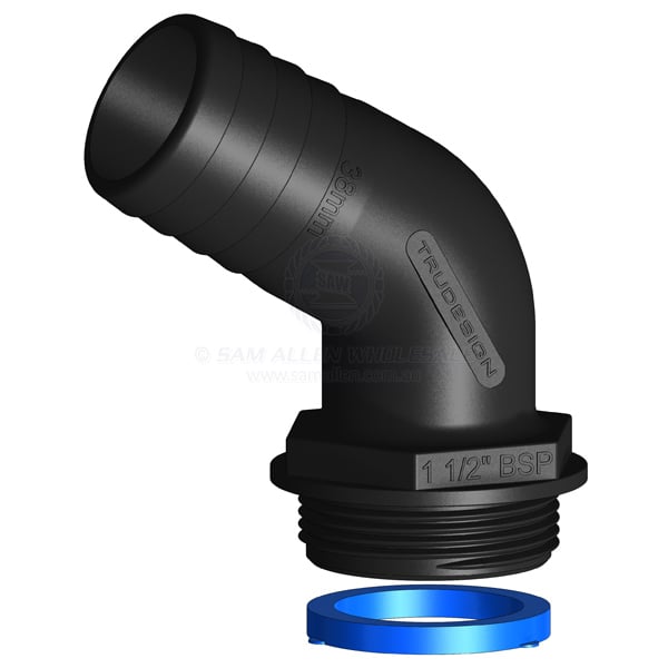 Hose tail Trudesign black Aquavalve 120° elbow 1-1/2 BSPM x 1-1/2 | Sam Allen