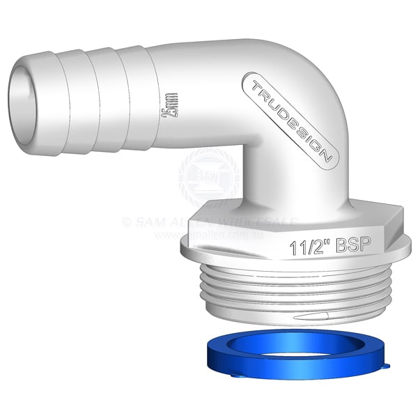 Hose tail Trudesign white Aquavalve 90° elbow 1-1/2 BSPM x 1 | Sam Allen