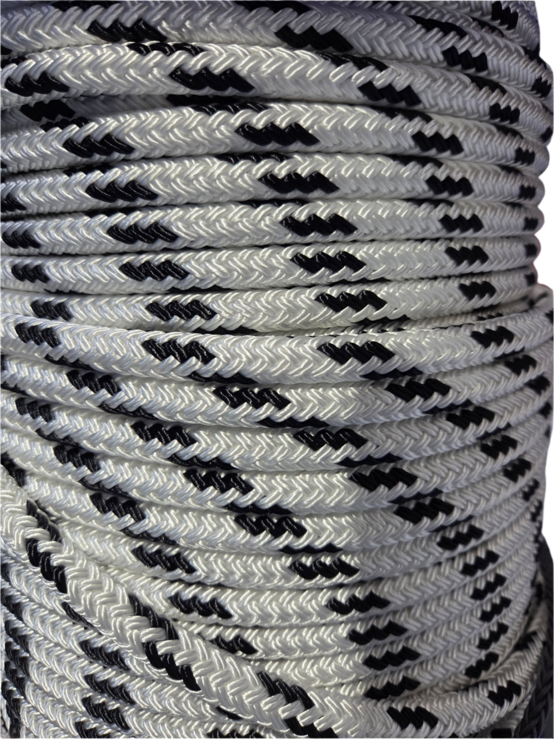 Close-up of braided rope with black and gray pattern boating central