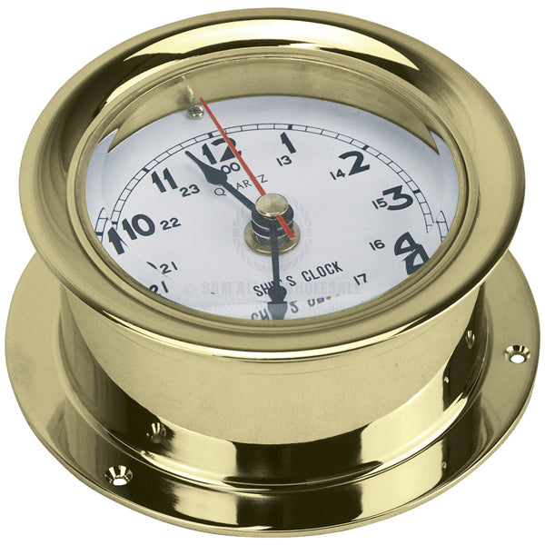 Clock polished brass 80mm diam white face 115mm diam base