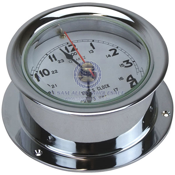 Clock chromed brass 80mm diam white face 115mm diam base