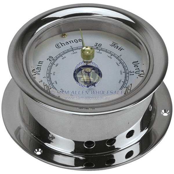 Barometer chromed brass 80mm diam white face 115mm diam base