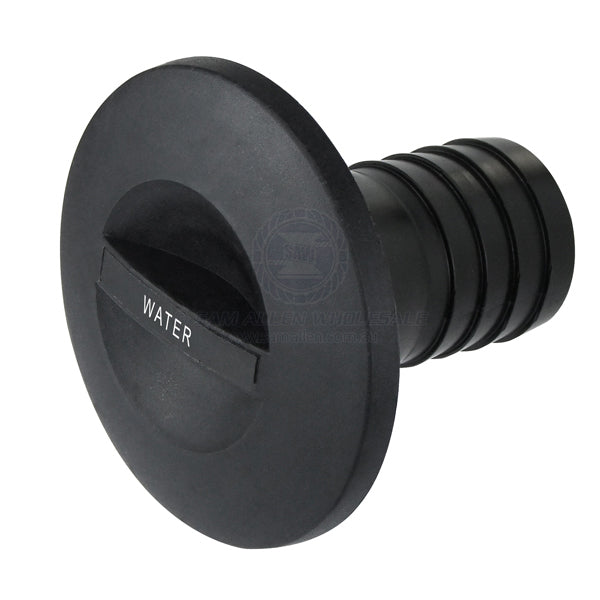 Deck filler black nylon straight suit 1-1/2 ID hose marked water