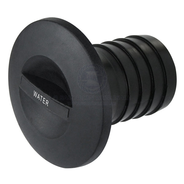 Deck filler black nylon straight suit 2 ID hose marked water