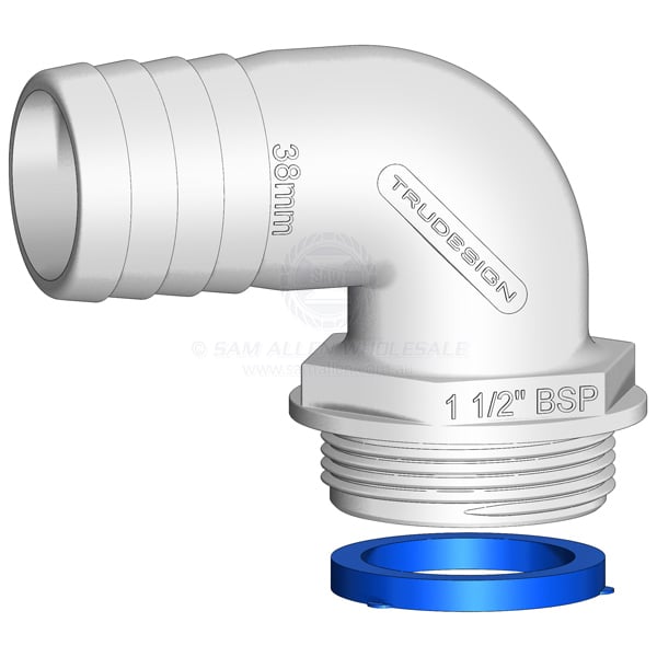 Hose tail Trudesign white Aquavalve 90° elbow 1-1/2 BSPM x 1-1/2 | Sam Allen