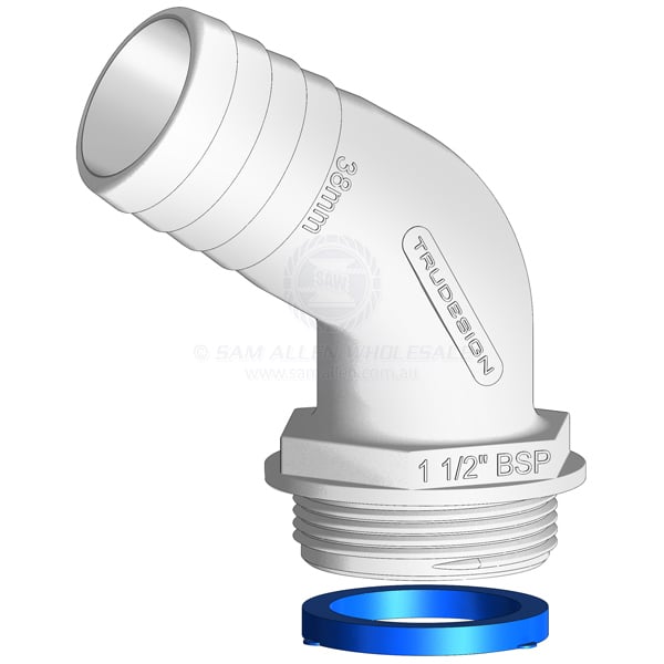 Hose tail Trudesign white Aquavalve 120° elbow 1-1/2 BSPM x 1-1/2 | Sam Allen