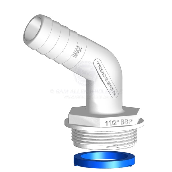 Hose tail Trudesign white Aquavalve 120° elbow 1-1/2 BSPM x 1 | Sam Allen