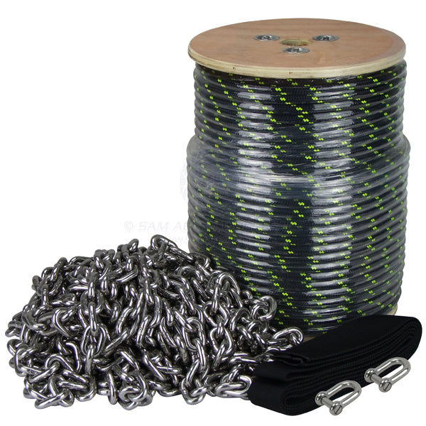 Anchor warp kit deluxe 8m x 6mm SS SL chain & 75m x 8mm braided rope