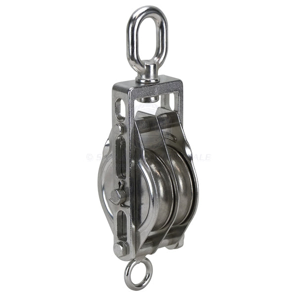 Pulley 316G SS double trawl & bkt swivel eye top 100mm x 18mm sheaves