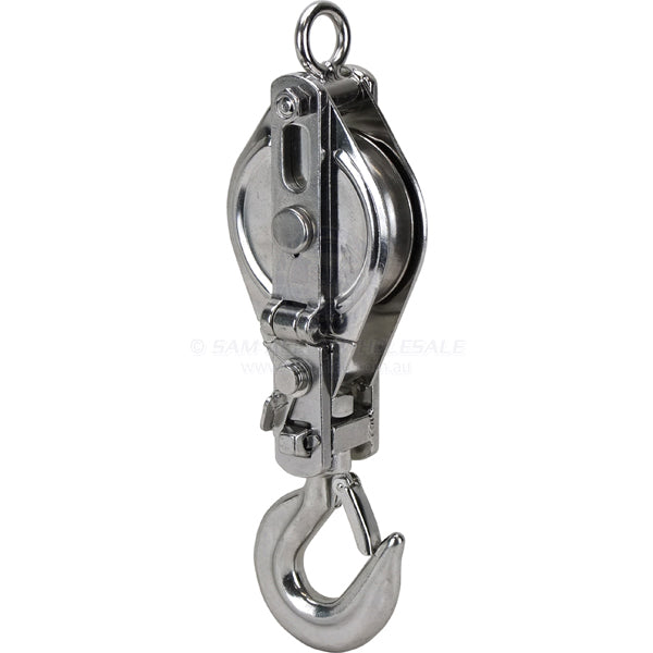 Pulley 316G SS single snatch swivel hook top 75mm x 14mm sheave
